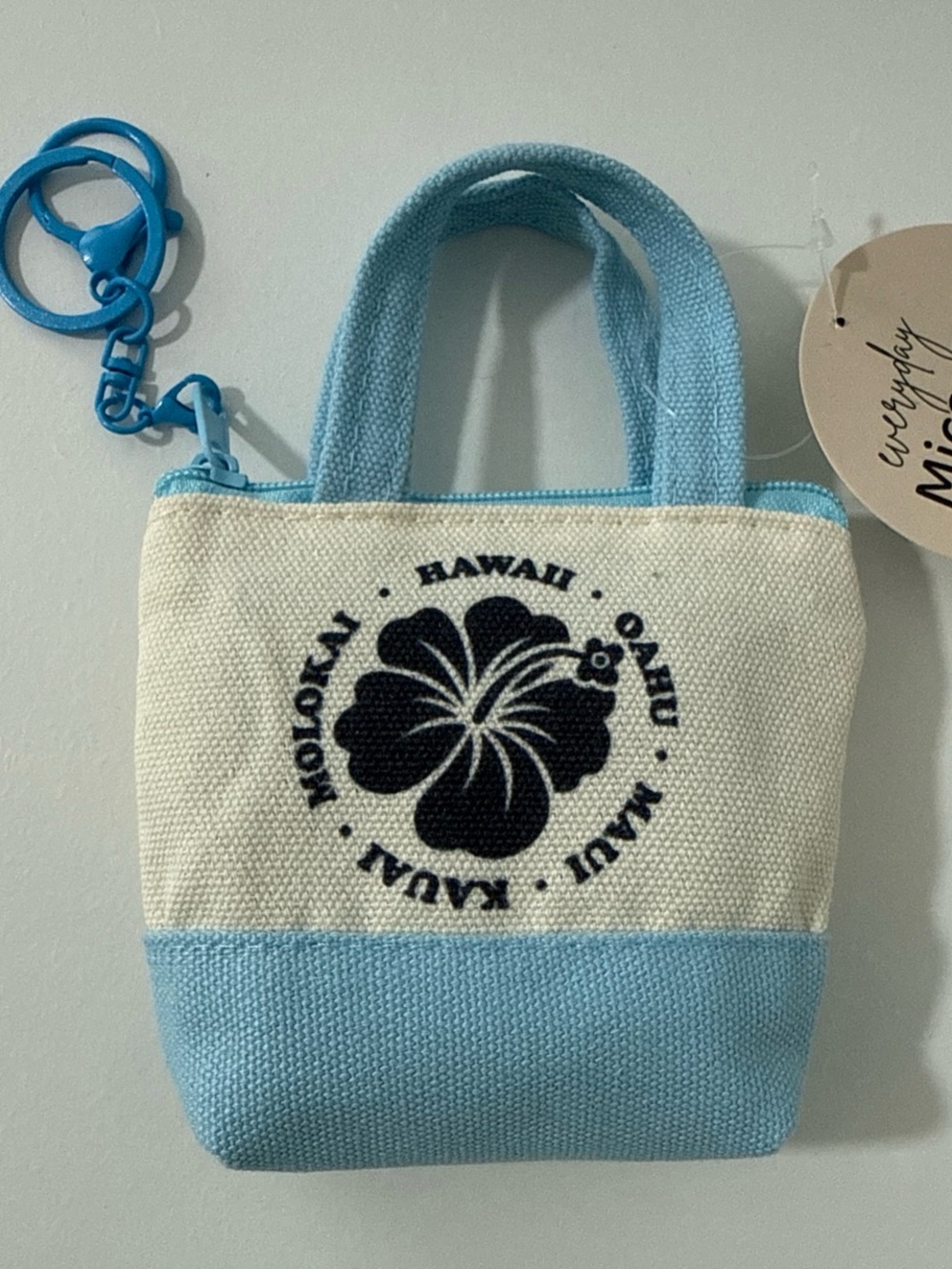 Micro Canvas Tote Keychain - Light Blue & Cream